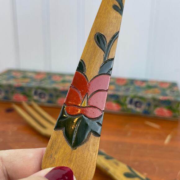 Vtg Hand Painted Wood Spoon and Fork Serving Set Hibiscus Flowers Made in Japan - Picture 4 of 10